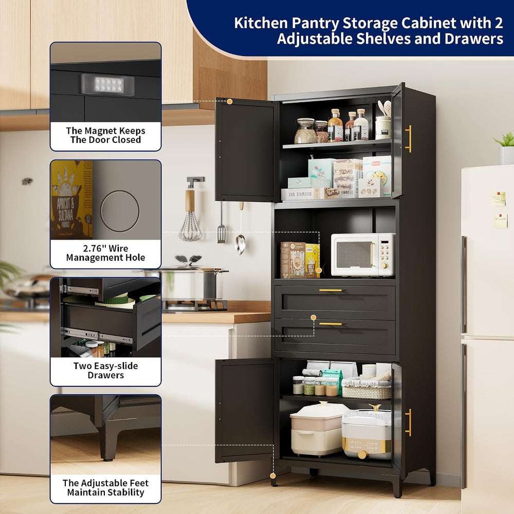 75” Tall Kitchen Pantry Storage Cabinet, Metal Storage Cabinet with 2 Drawers...