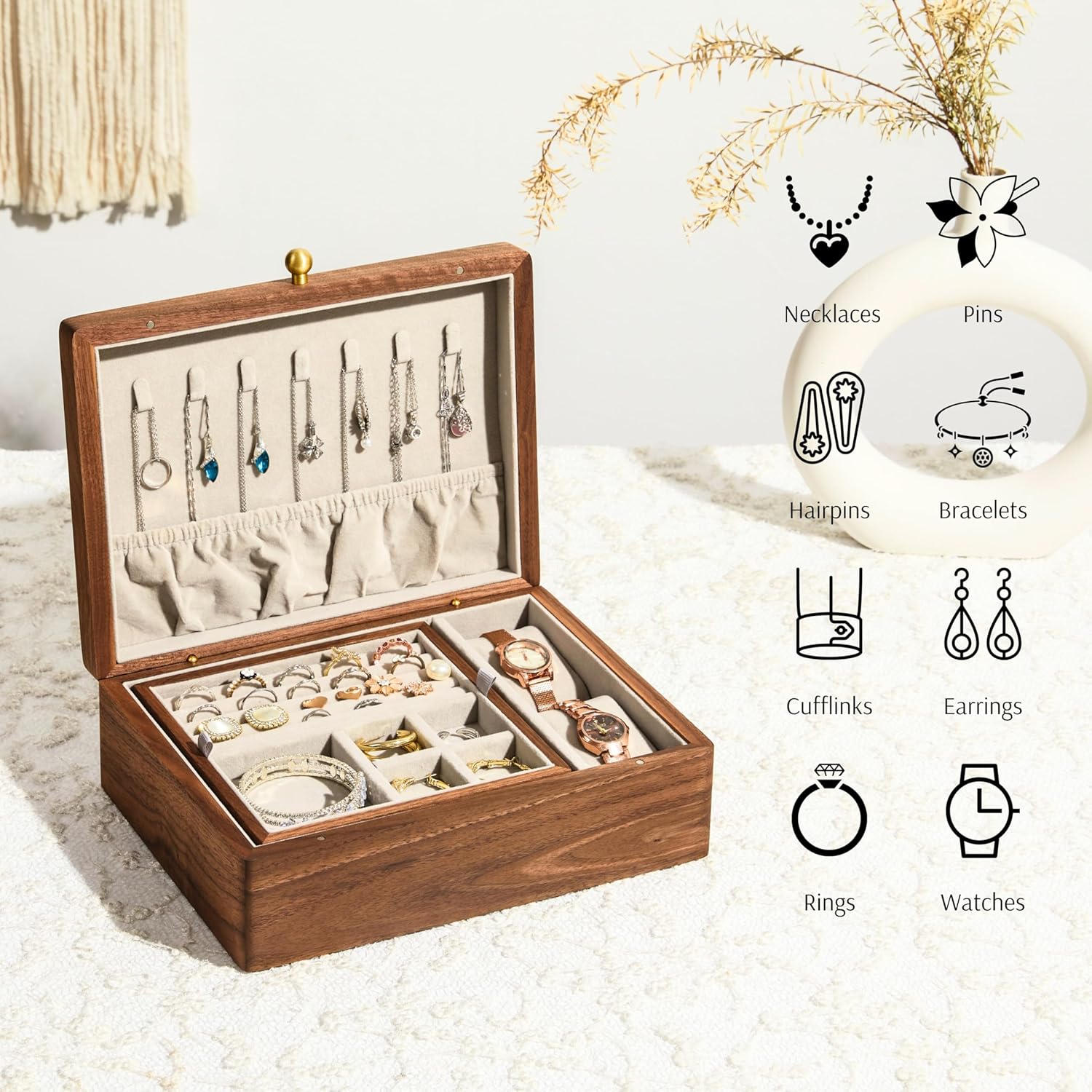 Wooden Jewelry Box, Two Layer Medium Size Real Natural Solid Walnut Wood, Vintage Organizer with Earring Storage, Ring Compartments, Built in Necklace Hooks, Watch Cushions, ek16-m-grey