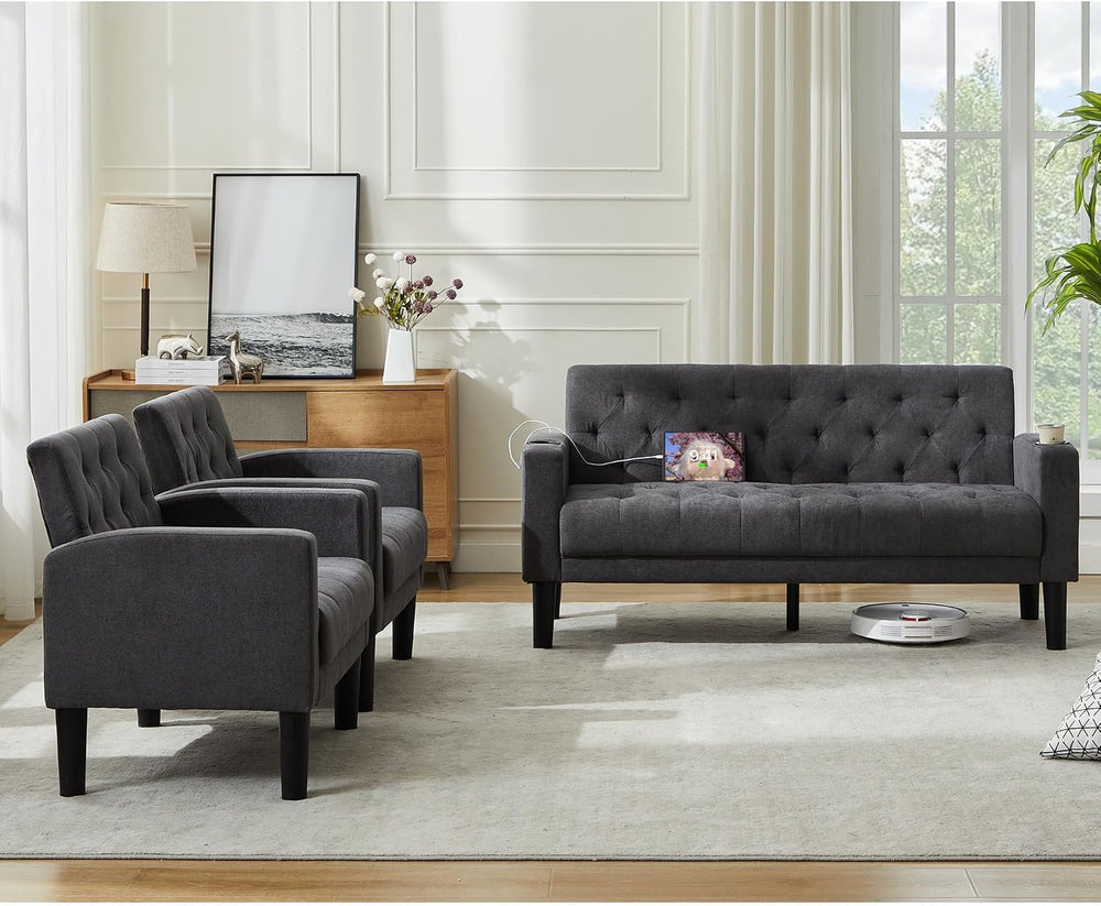 Mid-Century Modern Tufted Loveseat Sofa Set w/ 2 USB & 2 Cupholders