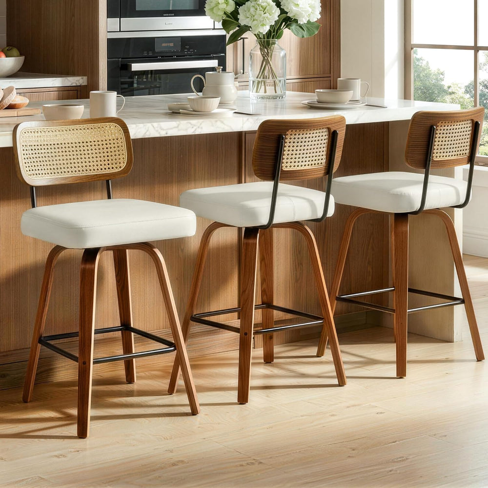 Swivel Bar Stools Set of 3, 26" Counter Height with Rattan Back, Ivory