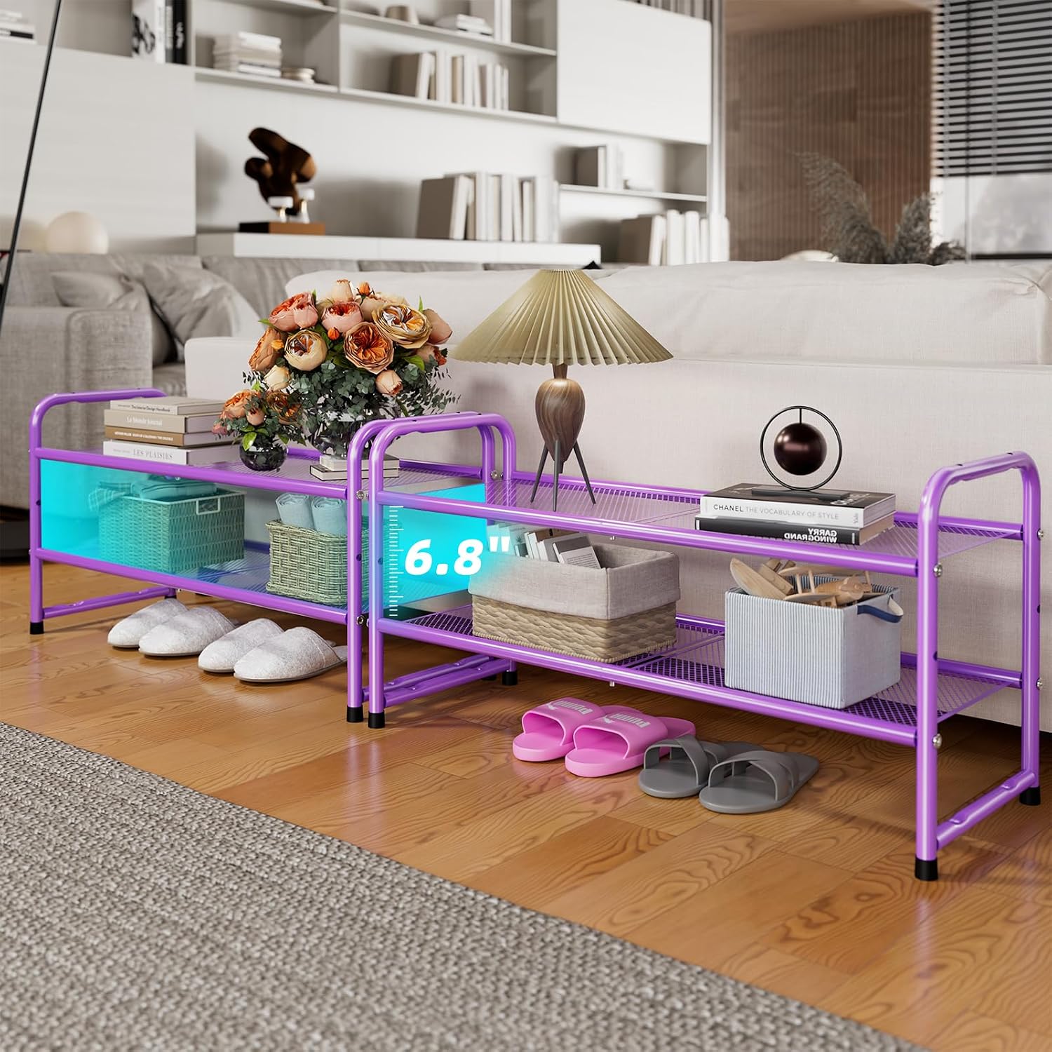 SUFAUY 2-Tier Mesh Shoe Rack, Closet Metal 33" Wide Shoe Shelf Heavy Duty, Purple