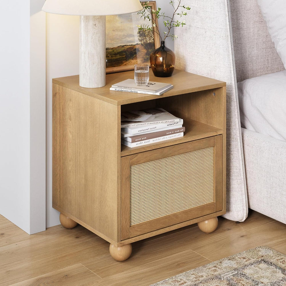 Nathan James Franco Faux Rattan Side Table Nightstand with Storage, Rustic Be...