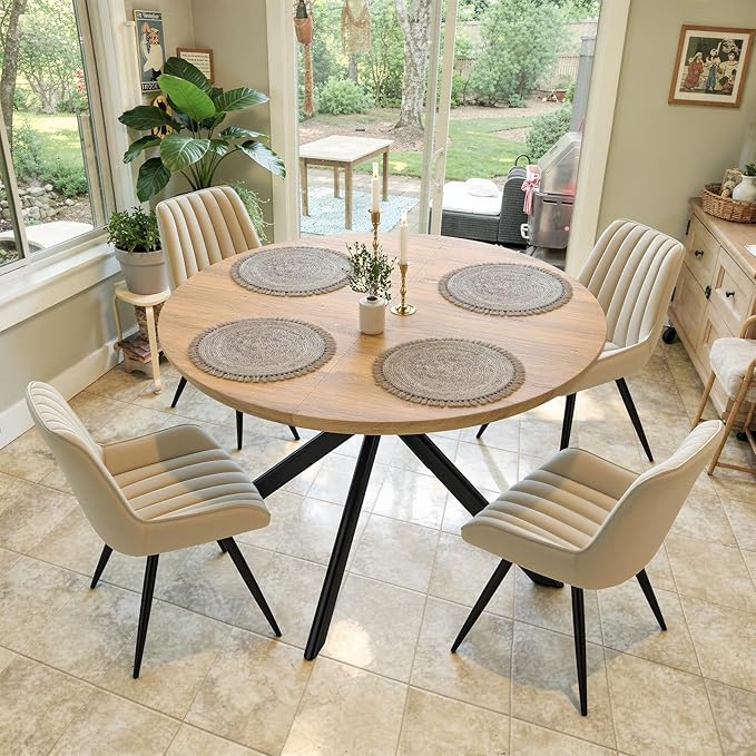 47.2" 5-Piece Round Dining Table Set for 4, Modern Wood Dining Table with 4 Upholstered Chairs, Kitchen & Dining Room Table Set with Metal Base for Apartment, Small Space, Natural Table+4 Beige Chairs