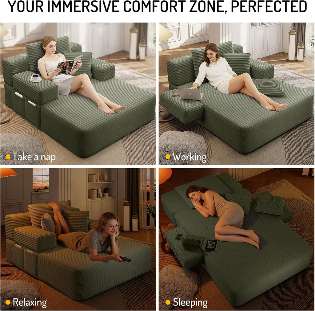 2-in-1 Convertible Chaise Lounge Indoor, 60.2" Corduroy Upholstered Chaise Lounge Chair that Converts to Sleeper Bed,Compressed Sofa with Side Storage Pockets and 3 Pillows for Bedroom Apartment Dorm