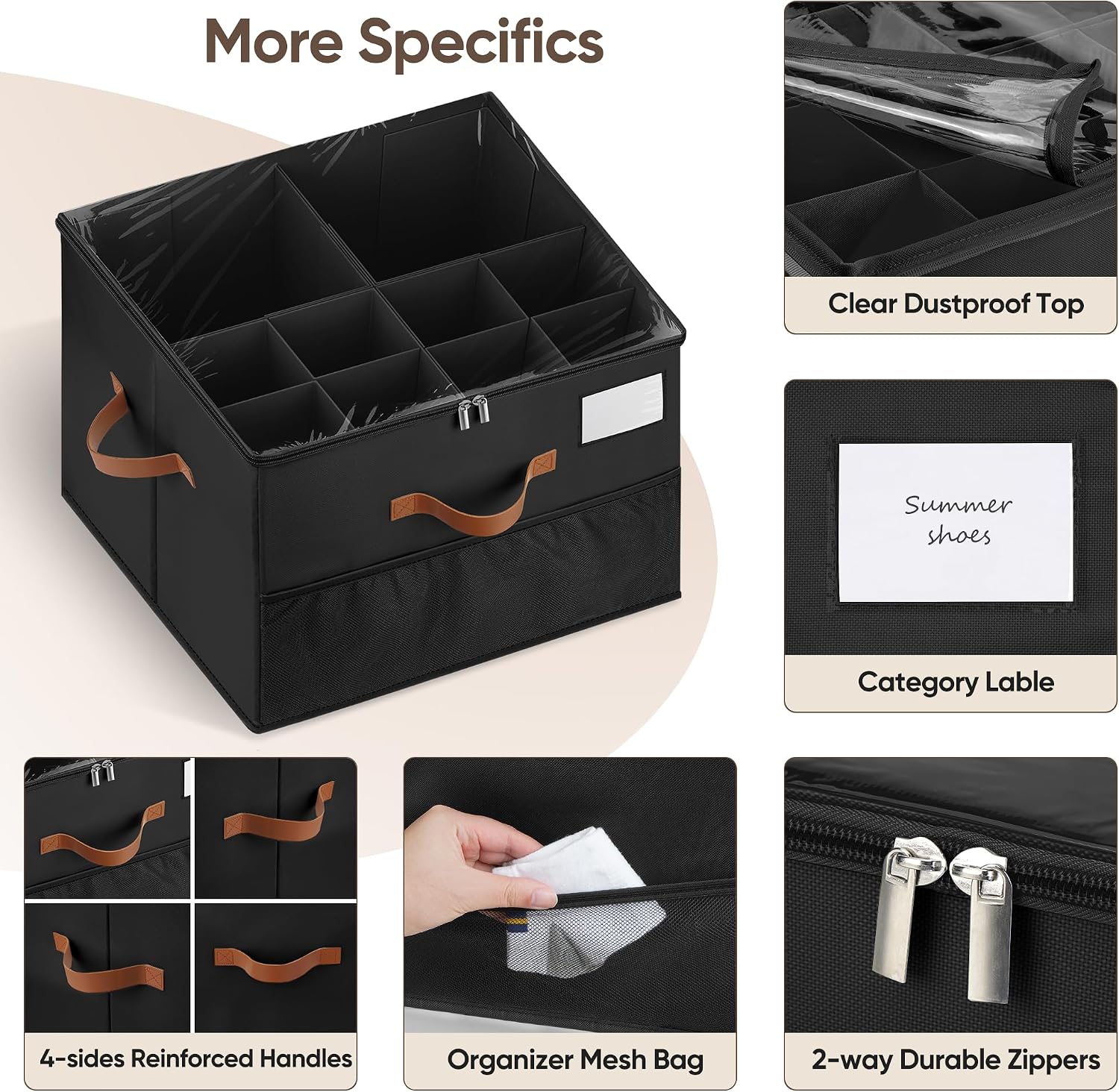 Shoe Organizer for Closet, 1 Pack Shoe Storage Container with Adjustable Dividers, Space Saving Shoe Box Storage Organizer Bin with Clear Lid and 4 Handles, Fits 8-16 Pairs, Pure Black