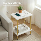 HOOBRO Side Table with Charging Station, End Table with USB Port and Outlet, Nightstand with 2-Layer Storage Shelves for Small Spaces, Living Room, Bedroom, Stable Frame, White and Gold DW09UBZ01