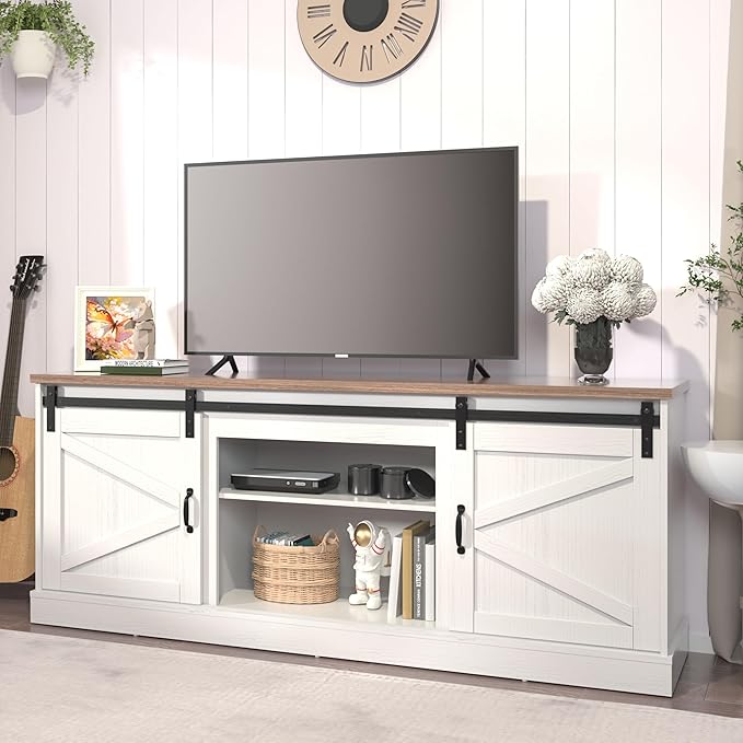 Kurapika Farmhouse TV Stand and Entertainment Center for TV Up to 75 Inch, with Sliding Barn Doors and Adjustable Shelf, Console Table and Media Furniture with Storage Cabinet, 67 Inch, White