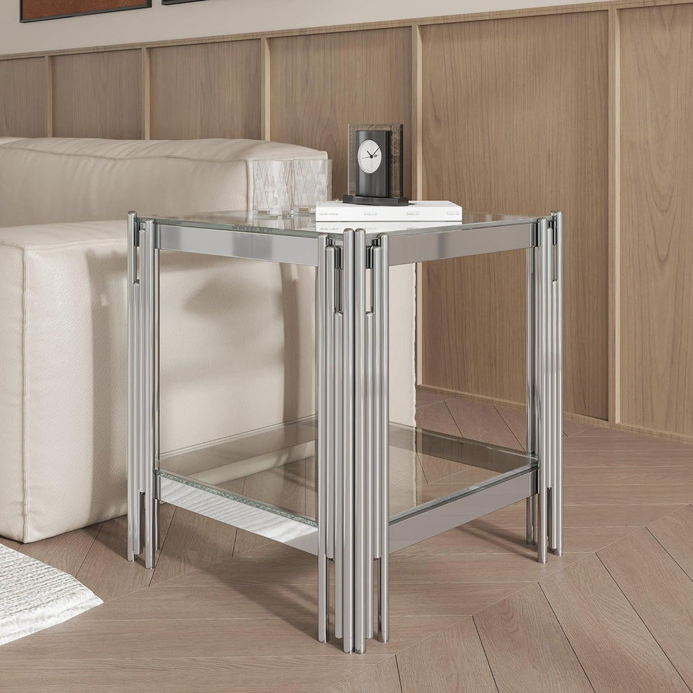 Square Glass End Table with Clear Tempered Glass Top & Silver Stainless S...