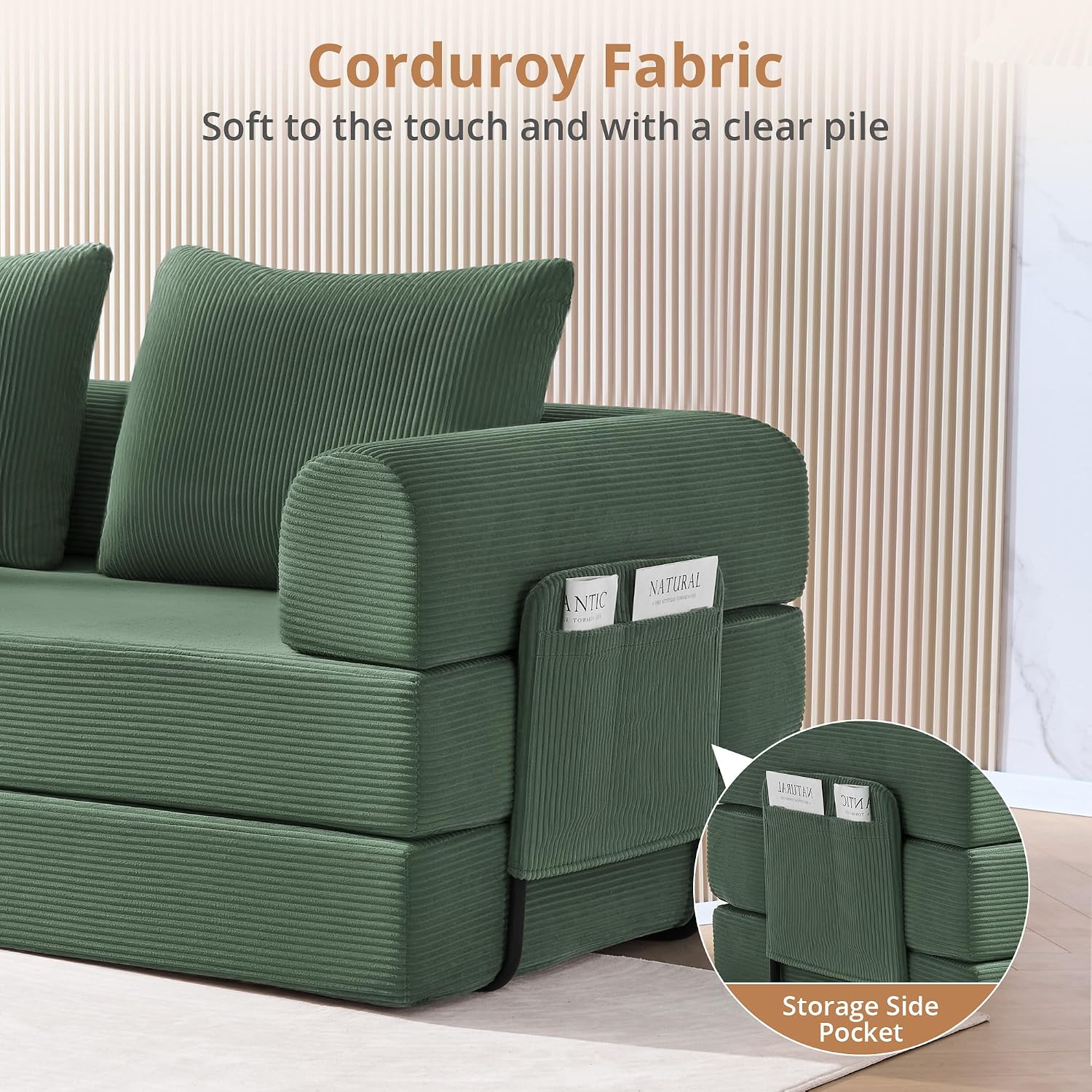 4-in-1 Boneless Folding Convertible Sofa Bed, 78 Inch Corduroy Loveseat Sleeper Couches with Pull Out Bed, Futon Couch for Living Room Bedroom, No Assembly Needed, Green