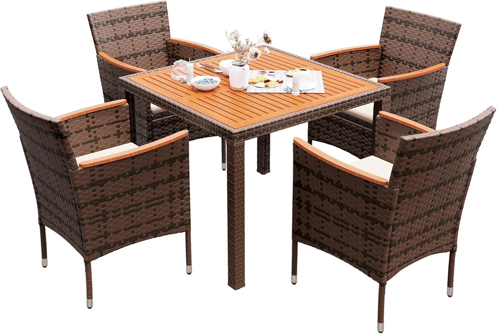 Devoko 5 PCS Acacia Wood Patio Dining Set, Brown Rattan