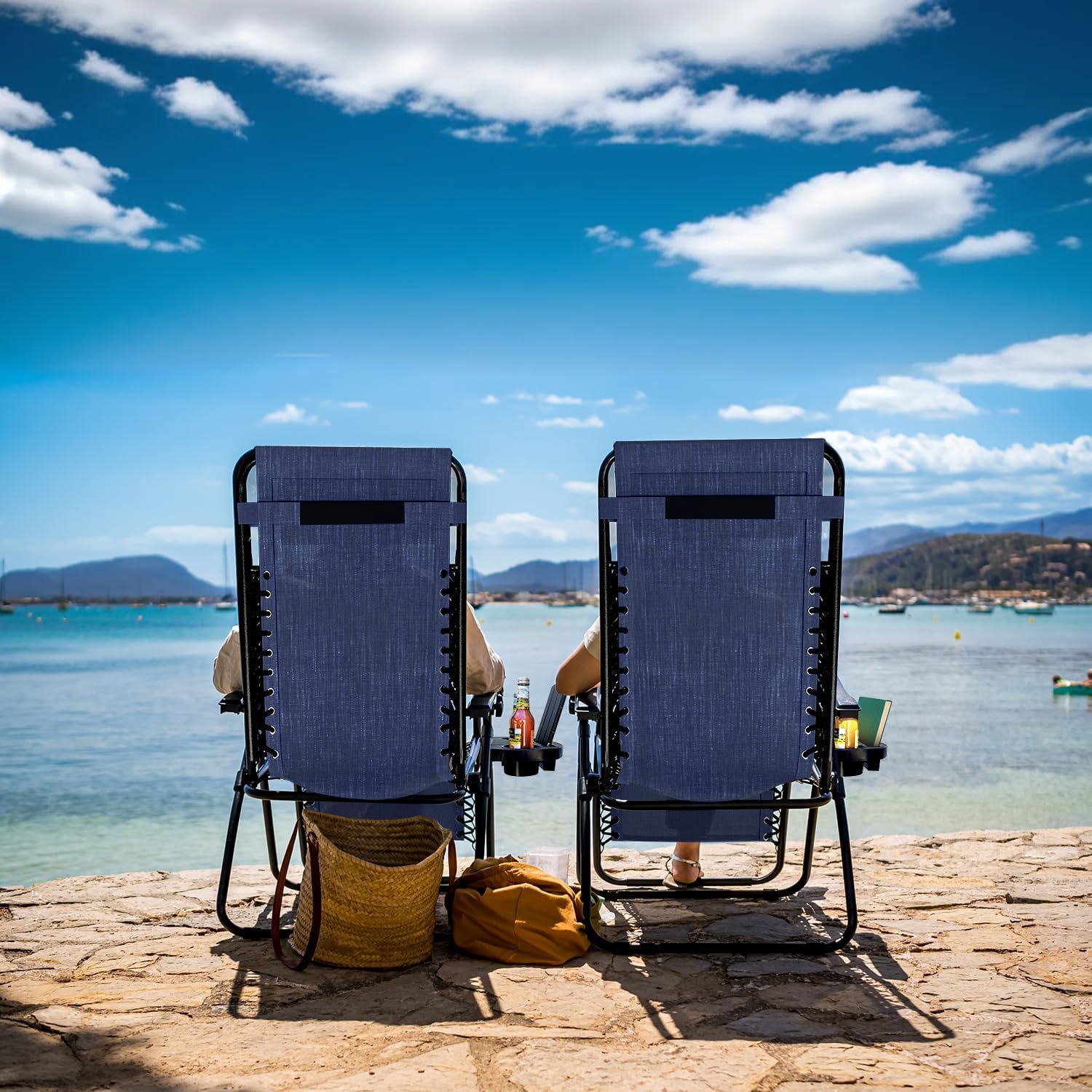 Nestl Zero Gravity Chairs, Portable Patio Lounge Chair Outdoor with Pillows & Cup Holder Trays, Adjustable Steel Mesh Reclining Camping Chair, Folding Patio Lawn Chair for Deck, Beach, Yard - Blue