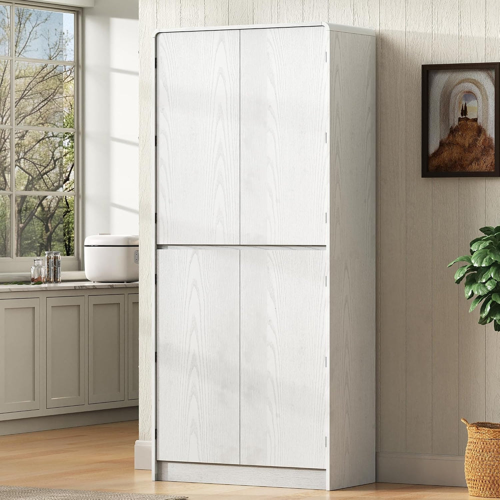 72 Inch Farmhouse Kitchen Pantry Cabinet with Unique Curved Design, 4-Door St...