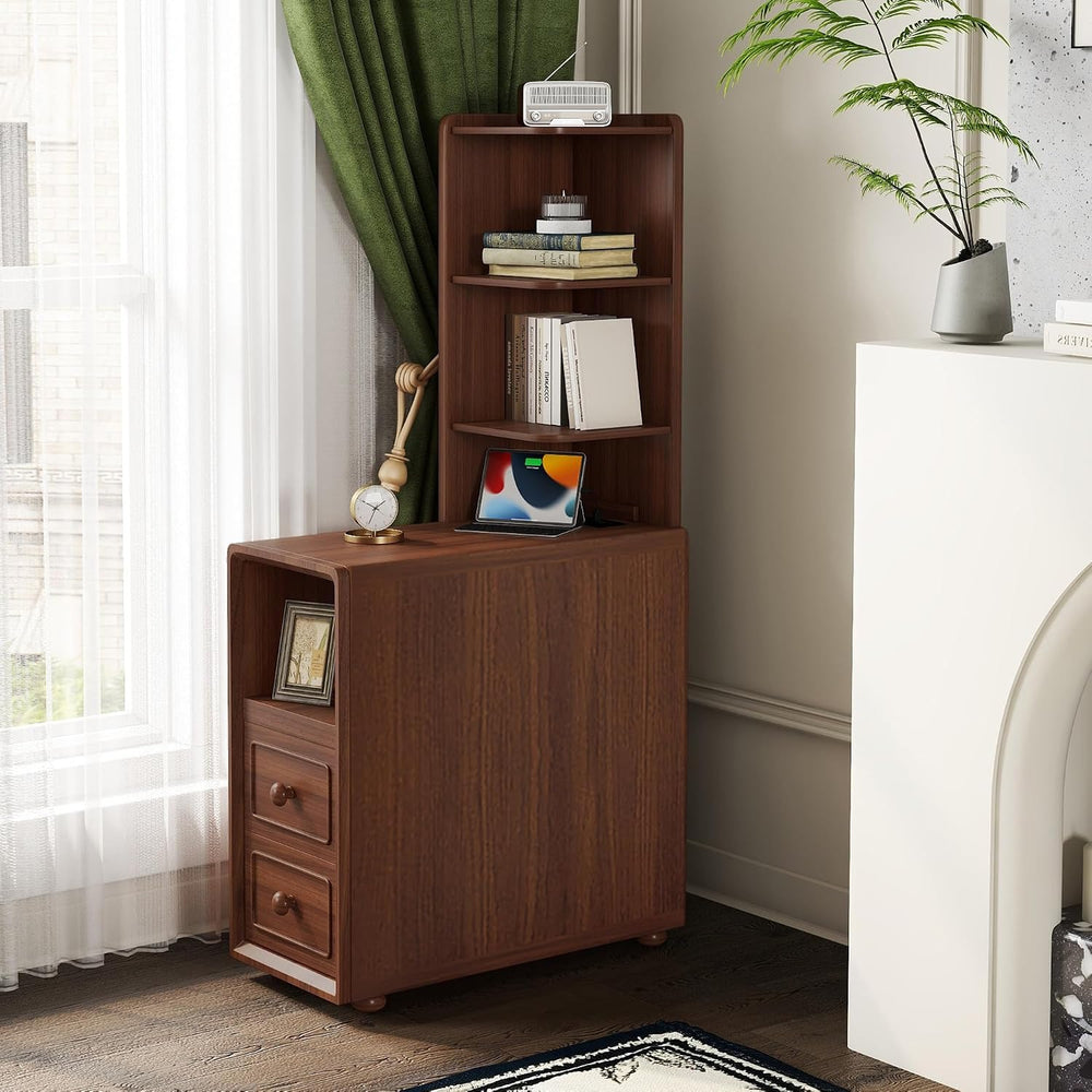 Walnut Corner Tables with Drawers & Open Shelves, Tall & Bedside Nigh...