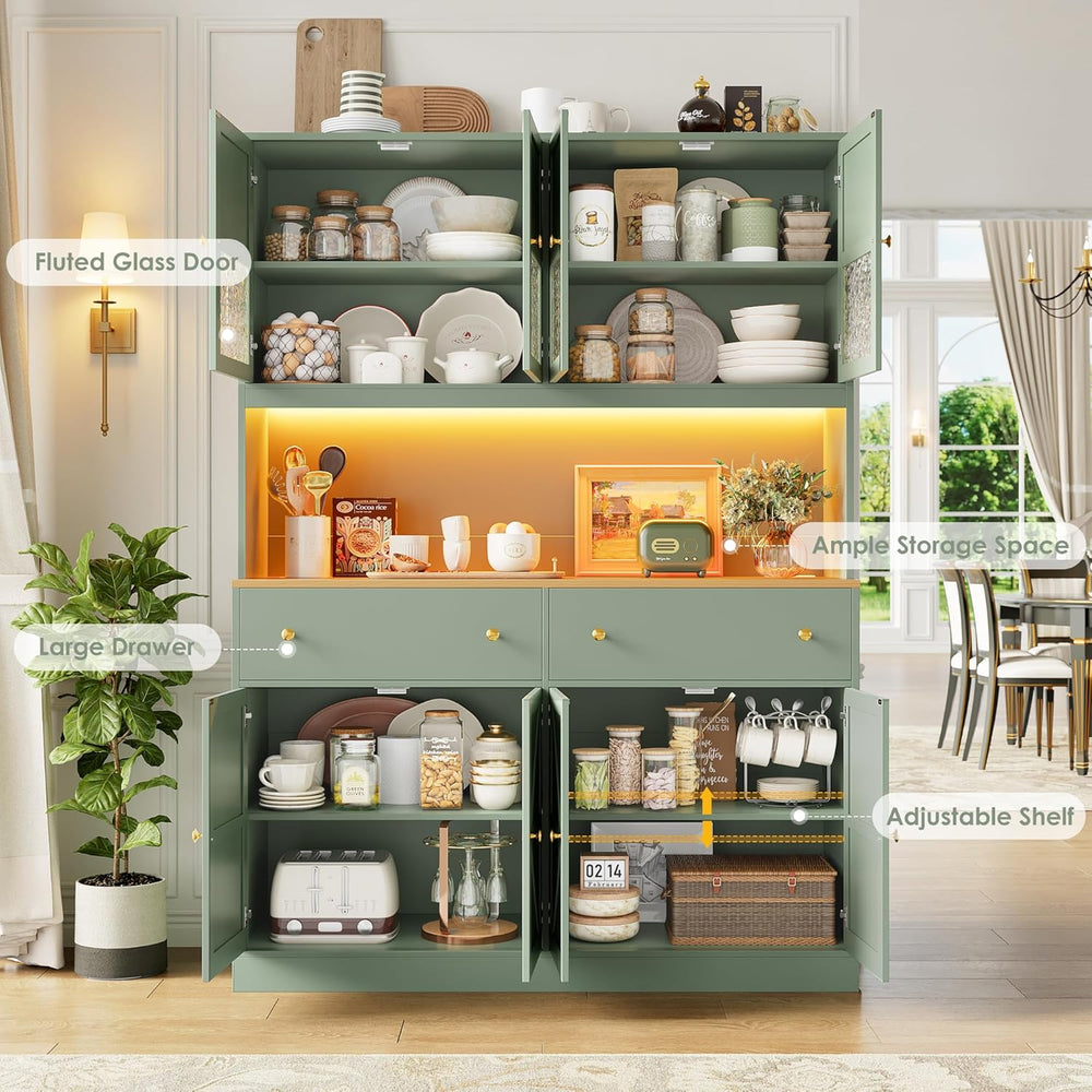 FINETONES 71" Pantry Cabinet with LED Light and Charging Station, Farmho...
