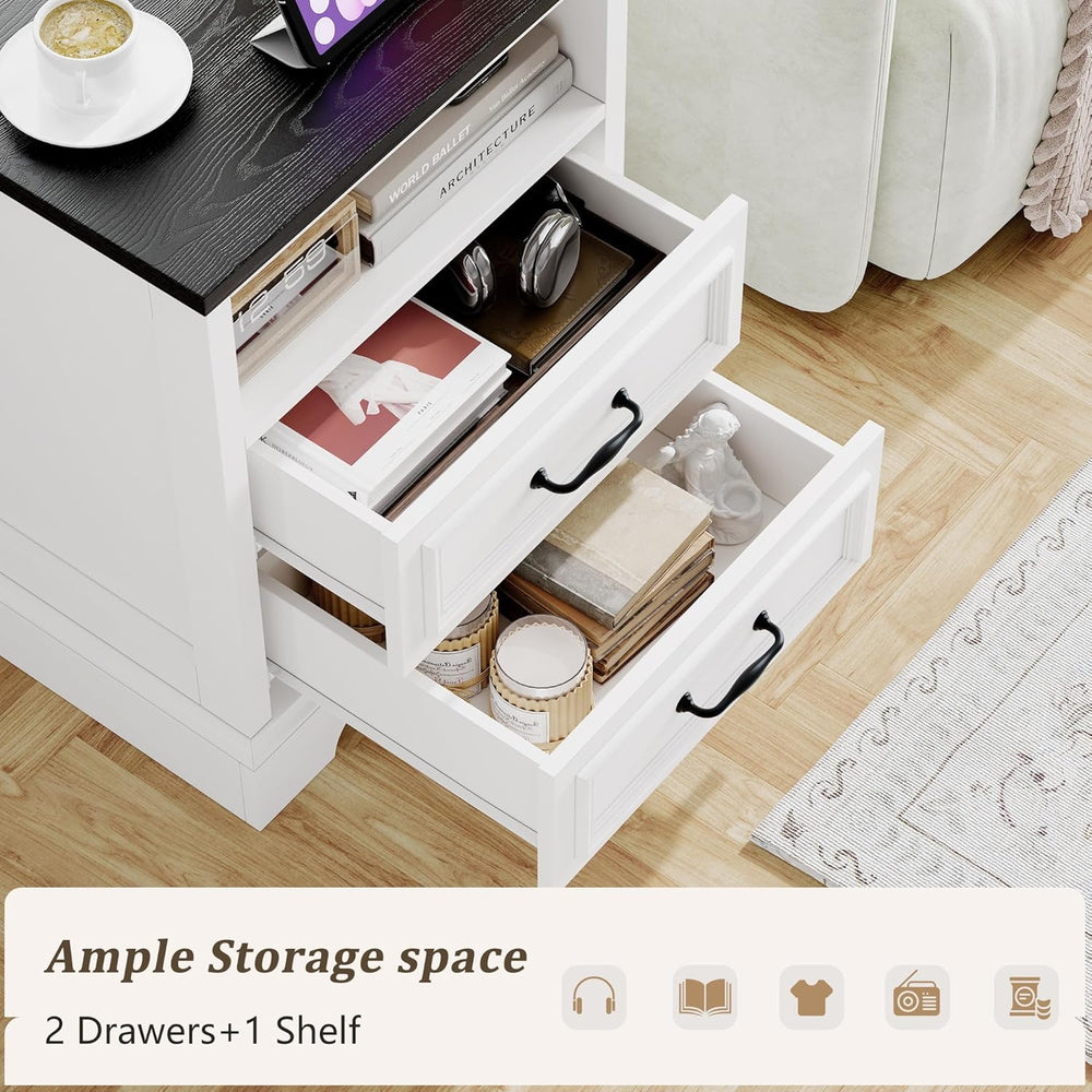 18" Farmhouse Nightstand Set of 2 with Charging Station, White End Table...