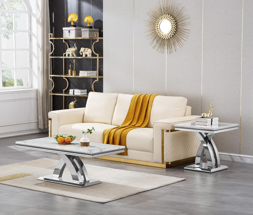 Modern Elegant 2-Piece Living Room Table Set with Faux Marble Top | Includes ...
