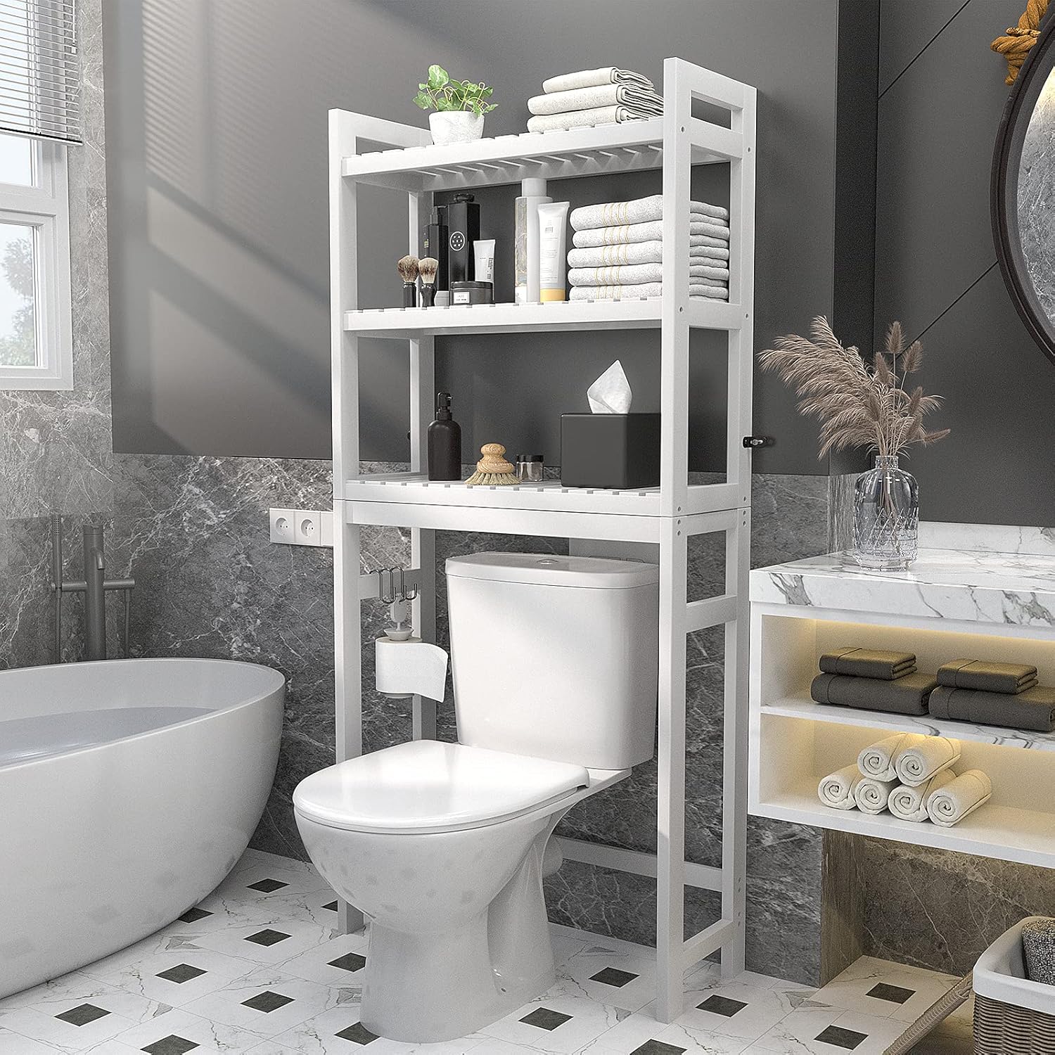 Homykic Over The Toilet Storage, Bamboo Over Toilet Bathroom Organizer Rack, Freestanding Bathroom Shelves Above Toilet Storage with 3 Hooks, Bathroom Space Saver, No Rust, Easy to Assemble, White