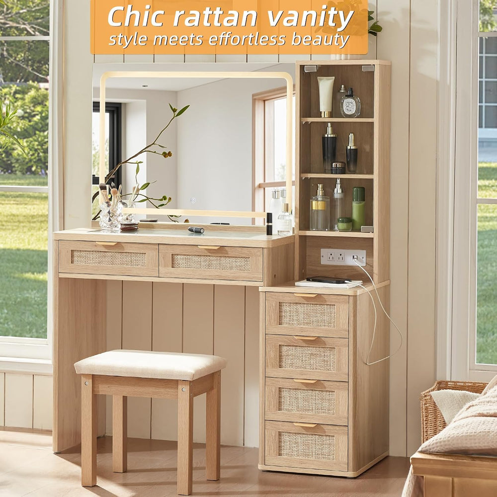 LEYAOYAO Rattan Makeup Vanity Desk with Stool, Mirror and Lights | Power Outl...