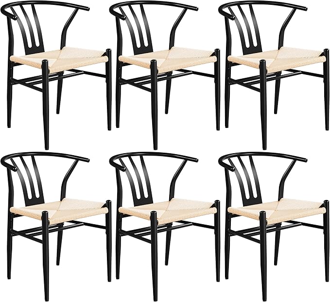 Yaheetech Weave Dining Chairs Set of 6 Mid-Century Modern Dining Room Chairs with Weave Hemp Seat and Metal Legs for Kitchen, Living Room, Restaurant, Black