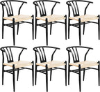 Yaheetech Weave Dining Chairs Set of 6 Mid-Century Modern Dining Room Chairs with Weave Hemp Seat and Metal Legs for Kitchen, Living Room, Restaurant, Black