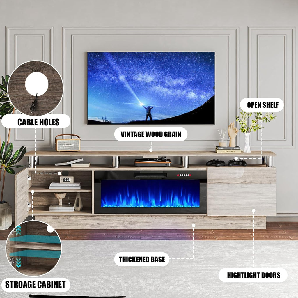PRETZI 80" Modern Fireplace TV Stand with 36" Electric Fireplace for TVs Up to 90 inch, Luxury LED Light Entertainment Center with High Gloss Cabinet (Grey + Silver Post, 80 inches)