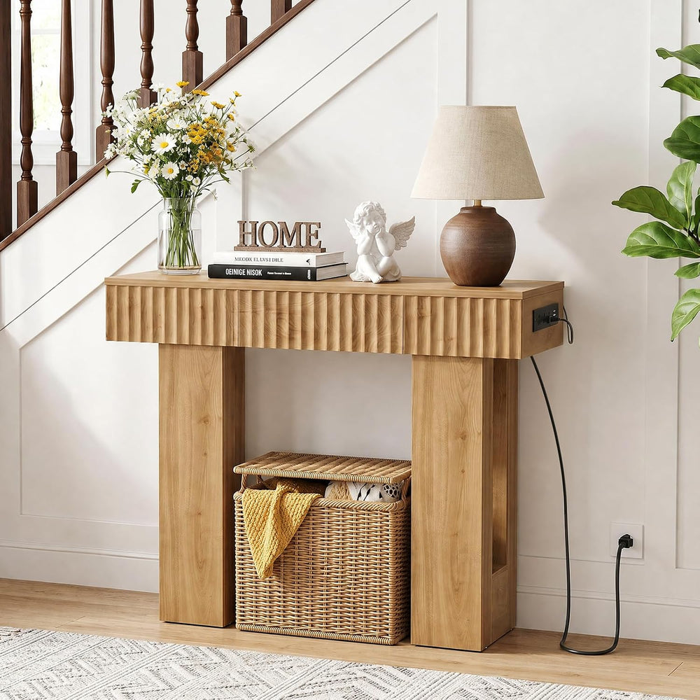 Unikito 39" Console Table with Storage Drawer and Outlets, Fluted Design...