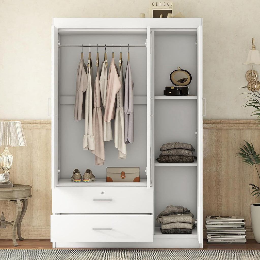 3 Doors Wardrobe Armoire Closet with Mirror, 68.2" H Wooden Freestanding Armoire Wardrobe Closet with Locking Drawers and Shelves, Bedroom Clothes Closets Wardrobes Cabinet with Hanging Rod, White