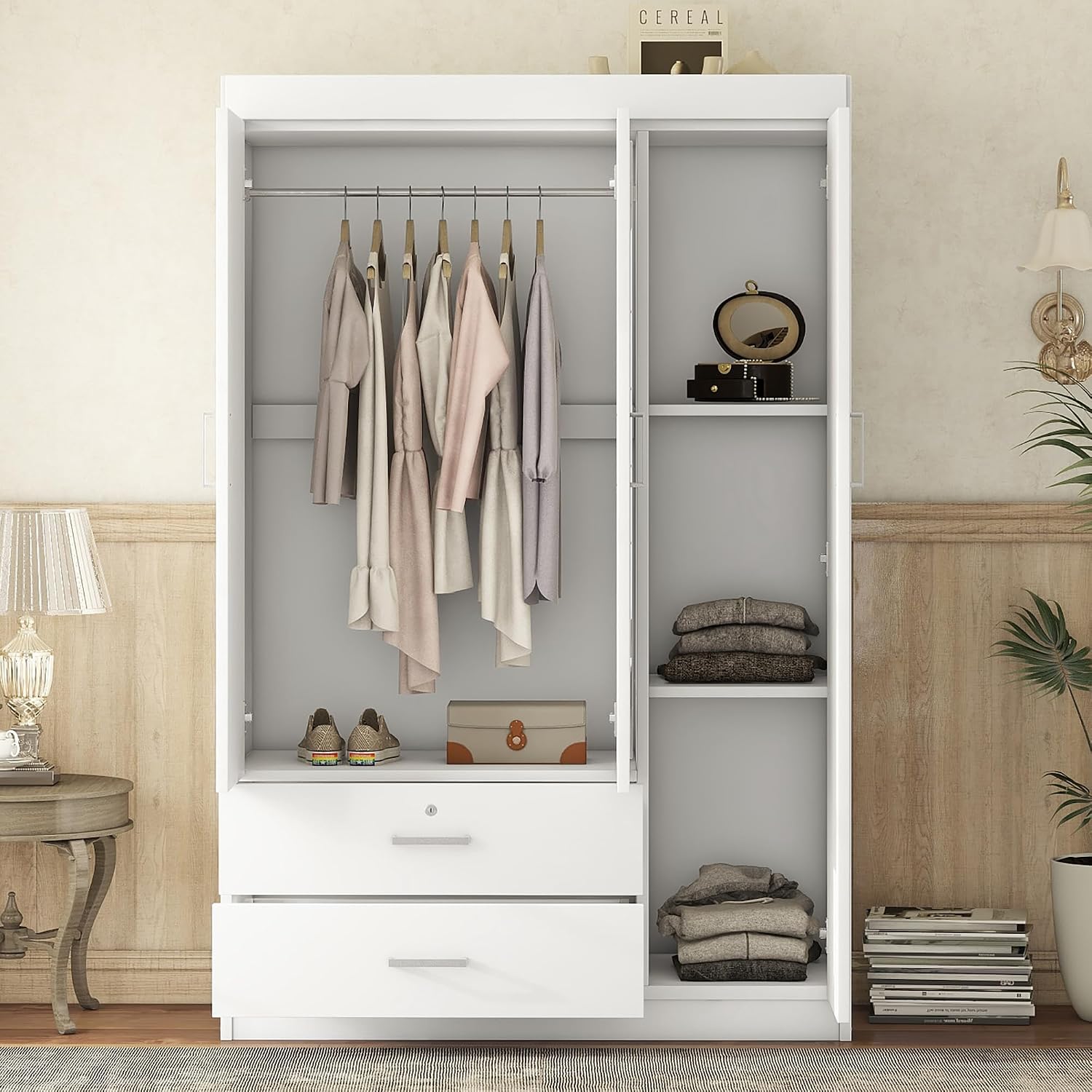 3 Doors Wardrobe Armoire Closet with Mirror, 68.2" H Wooden Freestanding Armoire Wardrobe Closet with Locking Drawers and Shelves, Bedroom Clothes Closets Wardrobes Cabinet with Hanging Rod, White