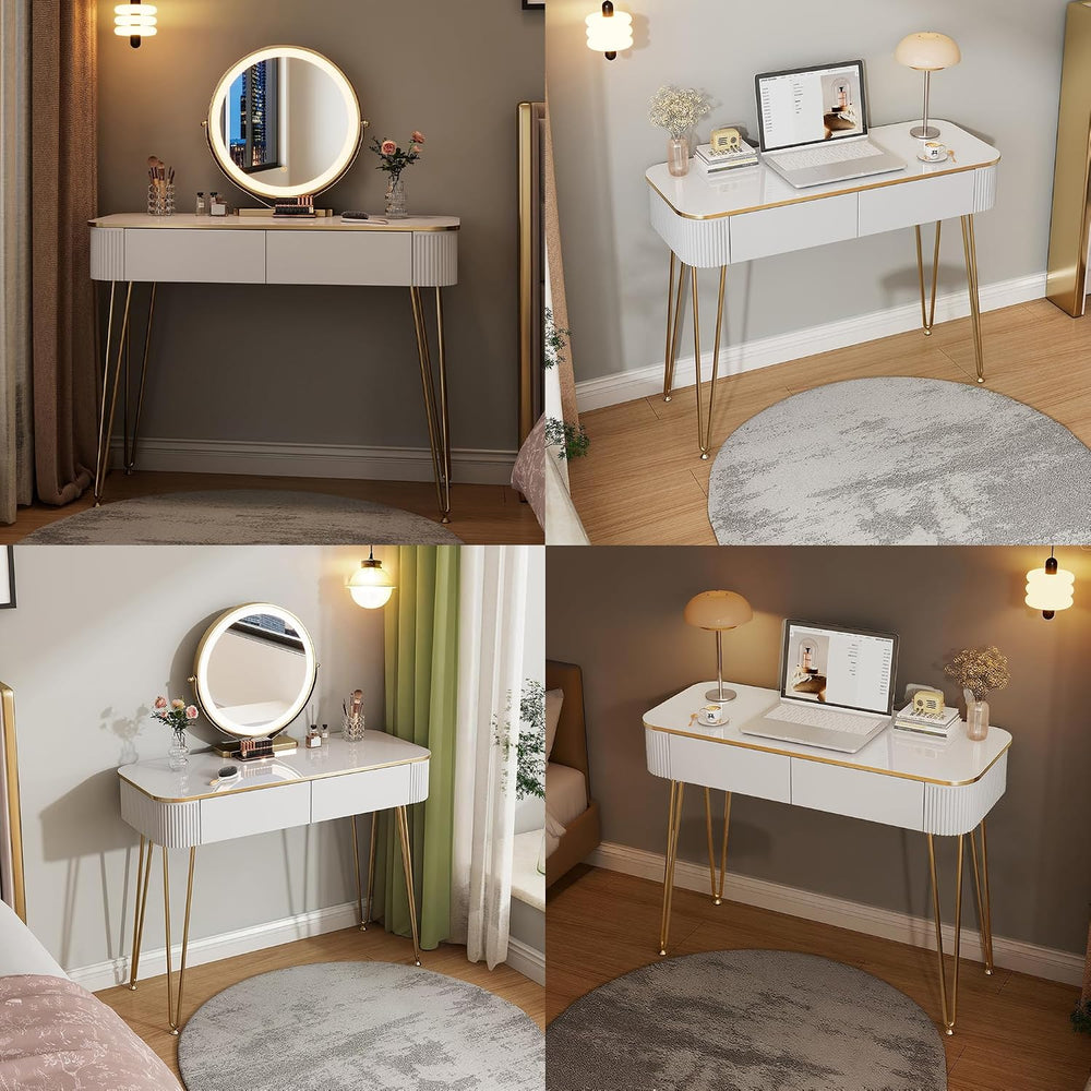 Furnistar White & Gold Vanity Desk with Round LED Mirror & 2 Drawers ...