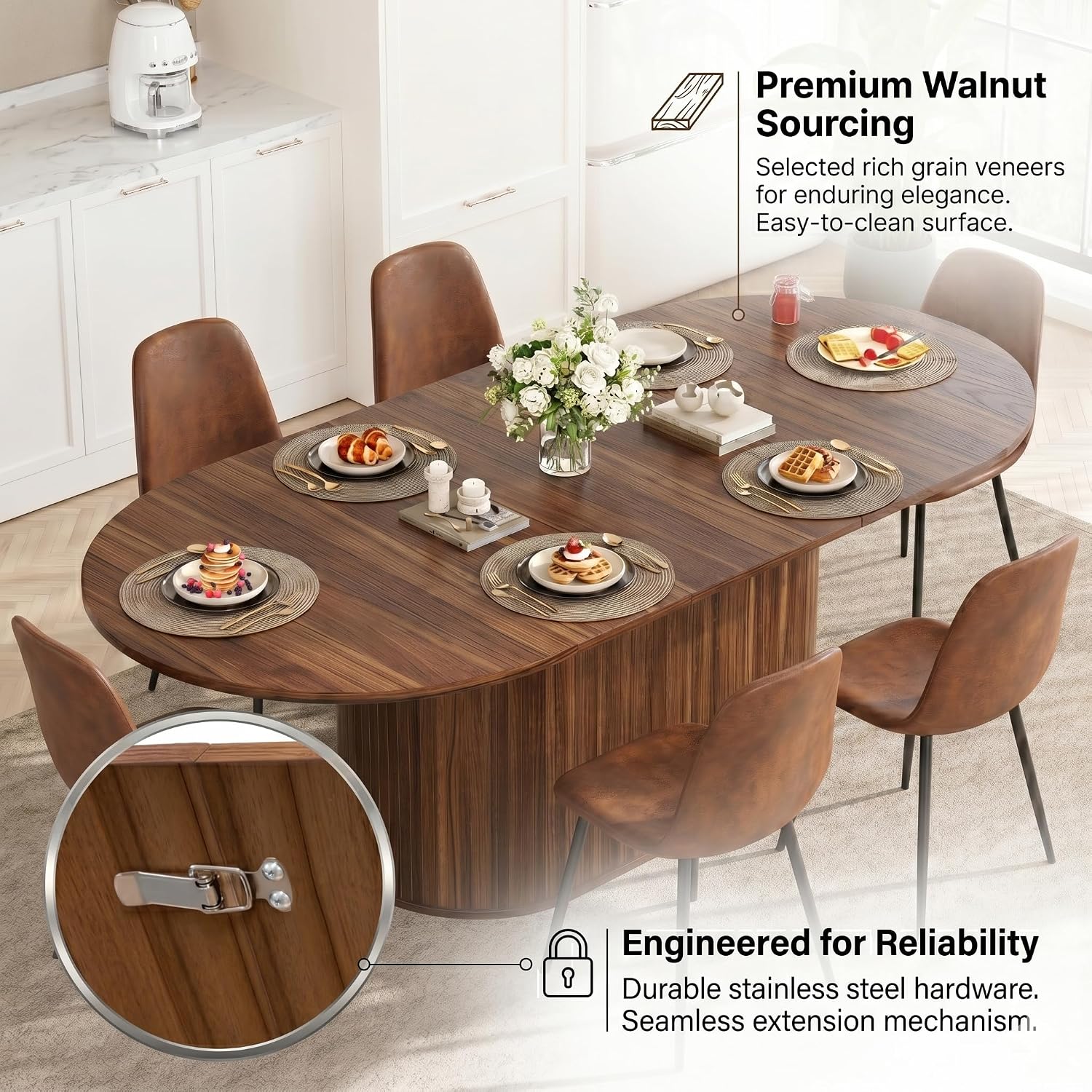 55"-71" Extendable Dining Table Set for 6, Oval Dining Room Table Set for 6, Modern Wood Kitchen Table Upholstered Chairs Set of 6, Ideal for Dining Room,Office, Space-Saving