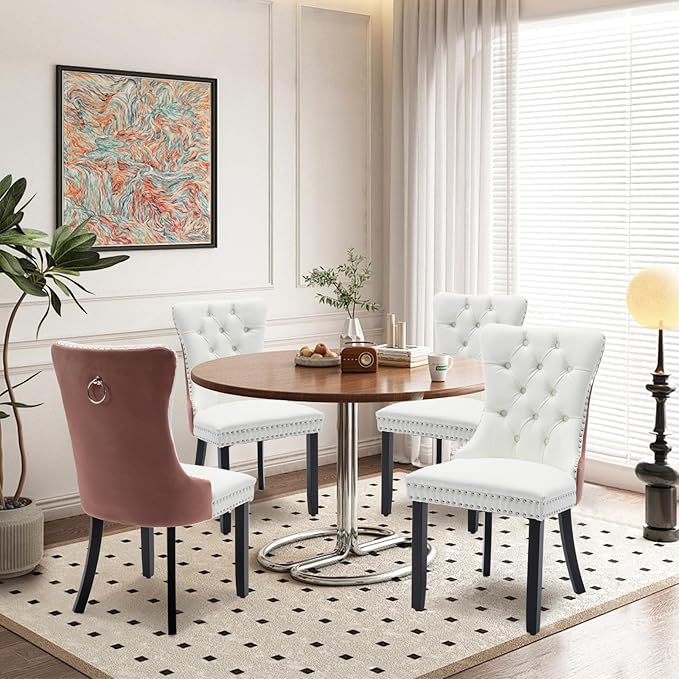 Leather Upholstered Dining Chairs Set of 4, Modern Style Kitchen Side Chairs with Nailhead Trim and Wood Leg, Metal Pulling Ring for Dining Room Living Room(White&Pink)