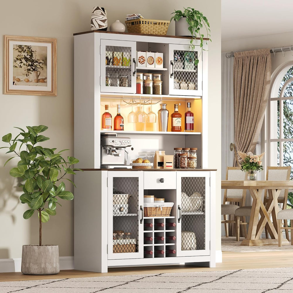 70.9” Kitchen Pantry Cabinet, Farmhouse Rustic Buffet Hutch with LED Lighting...