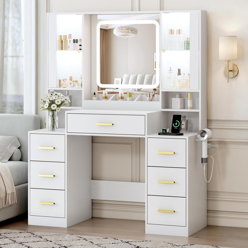 BORNOON Vanity Desk with Mirror and Lights, Makeup Vanity with 7 Drawers, 2 G...