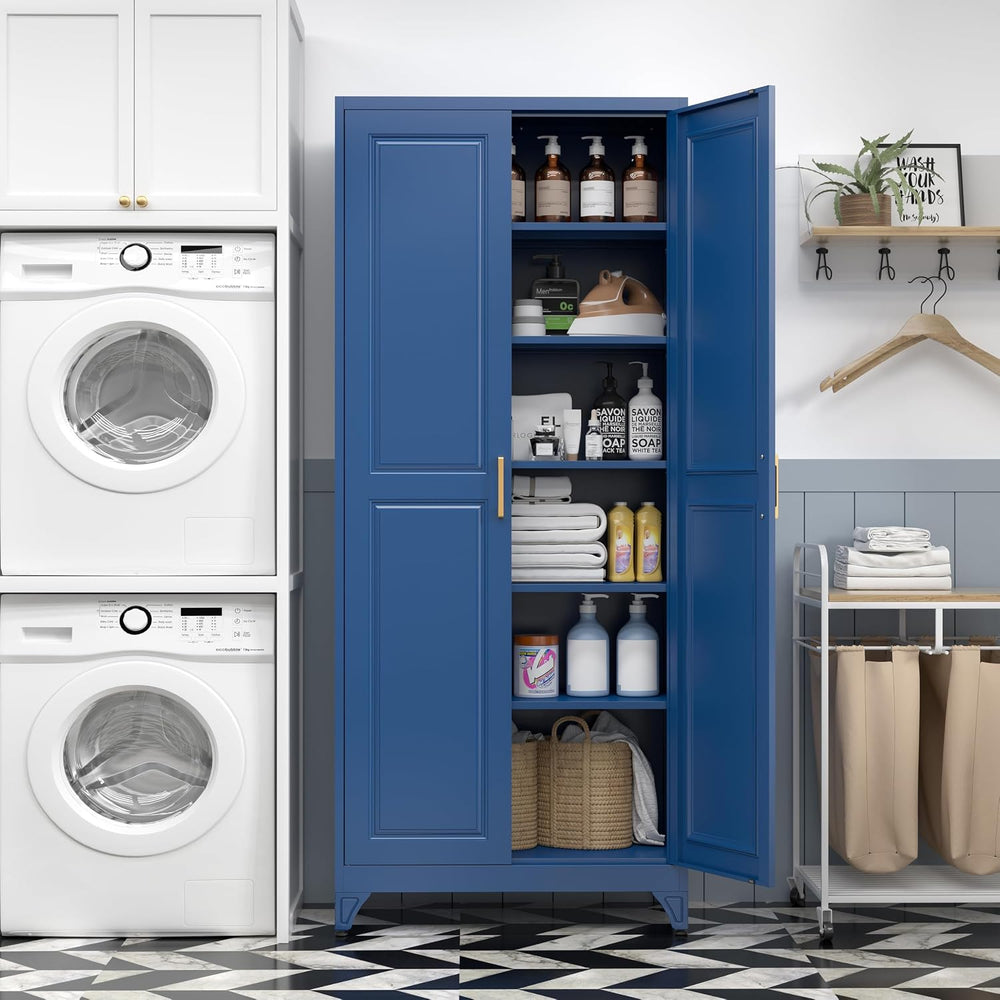 SteeLoong 75”Metal Pantry Storage Cabinet with Doors & 5 Adjustable Shelv...