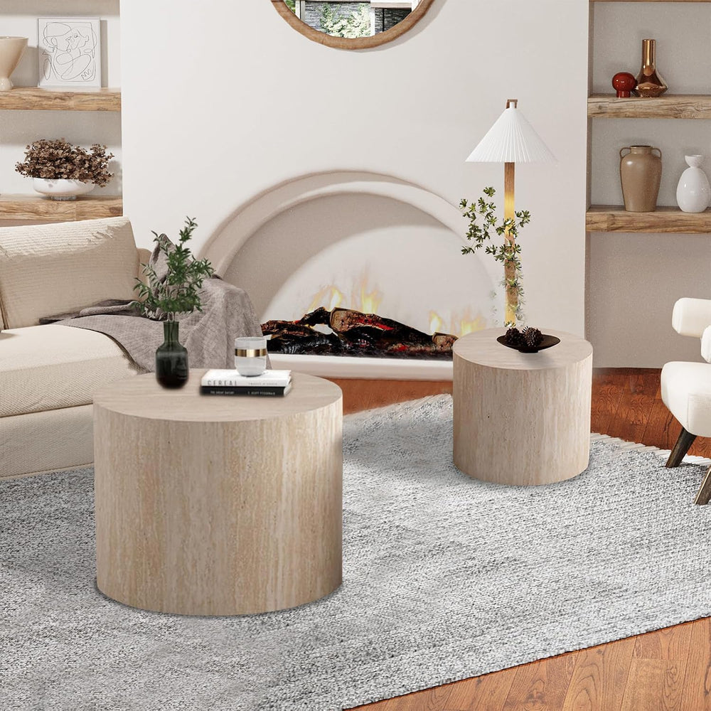Travertine Nesting Tables - Natural Stone Grain Texture (B 18.1+14.6in) | Cir...