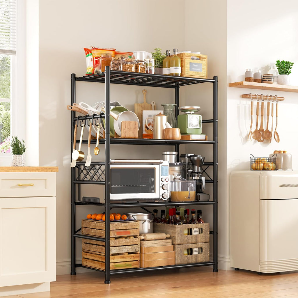 Storage Shelves 4-Tier Large Capacity Metal Shelving with Hooks, Heavy Duty Garage Shelving Unit with Leveling Feet, Stable Metal Shelves for Pantry, Kitchen and Closet,36" W x 12" D x 60" H, Black