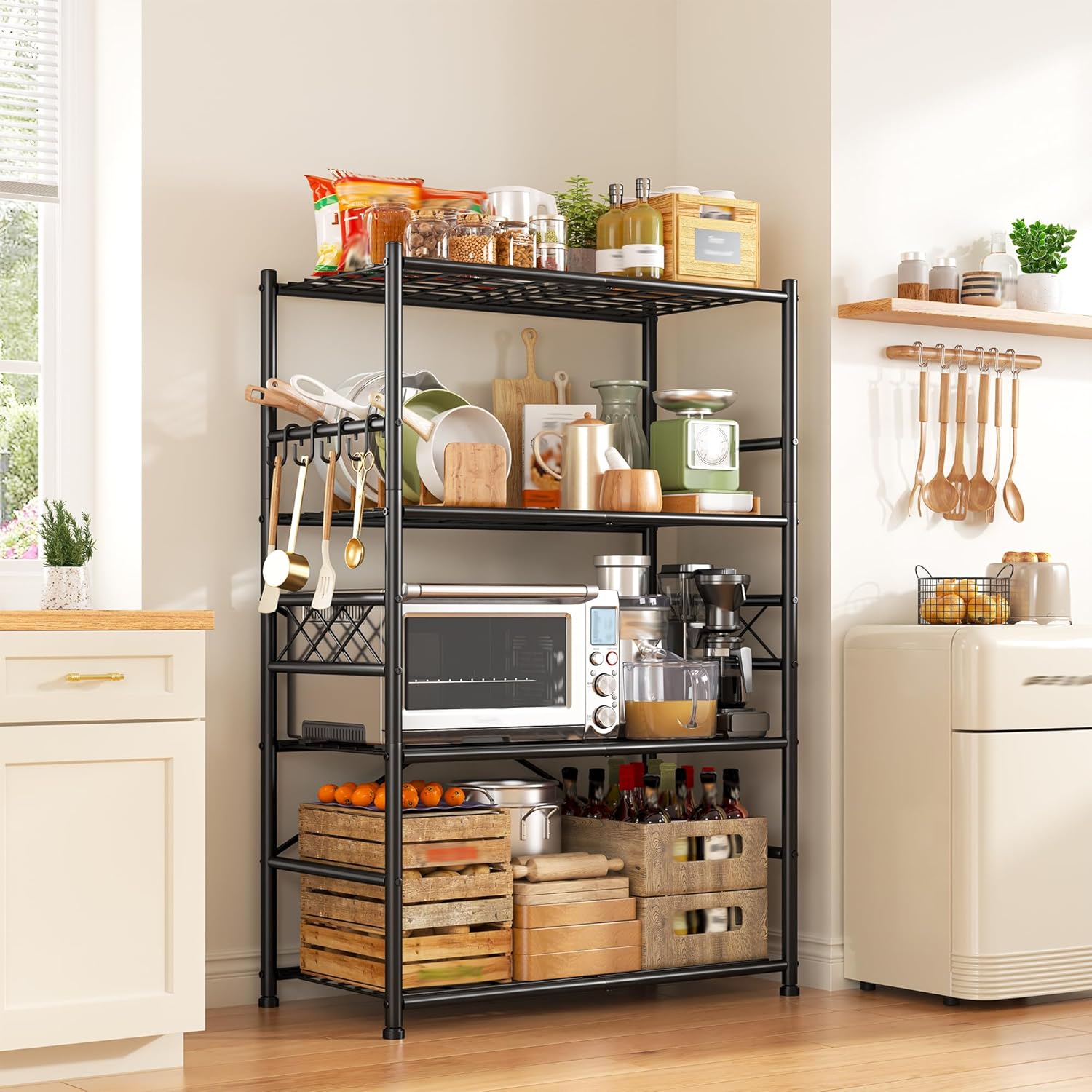 Storage Shelves 4-Tier Large Capacity Metal Shelving with Hooks, Heavy Duty Garage Shelving Unit with Leveling Feet, Stable Metal Shelves for Pantry, Kitchen and Closet,36" W x 12" D x 60" H, Black