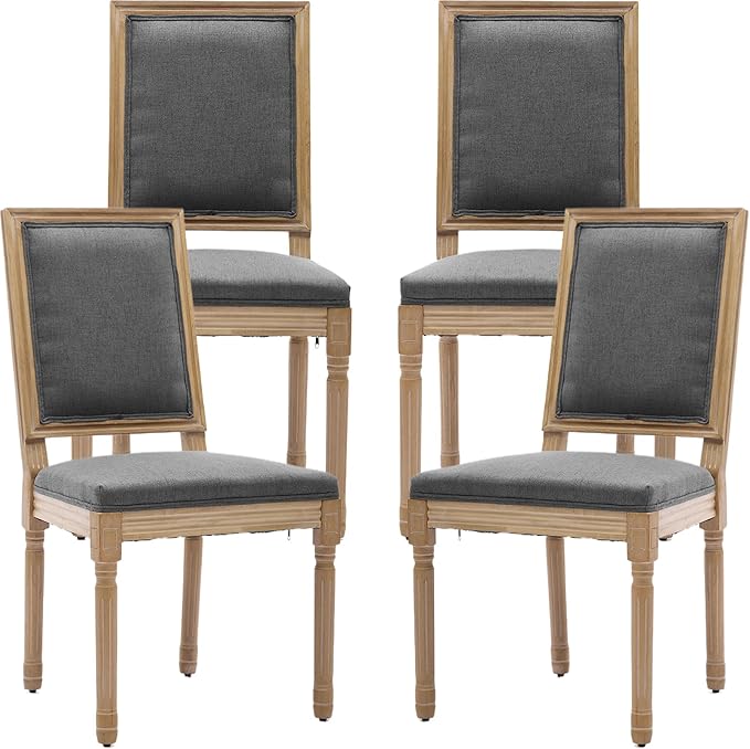 French Country Dining Chairs Set of 4, Gray Kitchen & Dining Room Chairs Set of 4, Linen Upholstered Dining Chairs, Wood Legs, High Back, Sillas De Comedor (Fabric, Grey, 4Pcs)