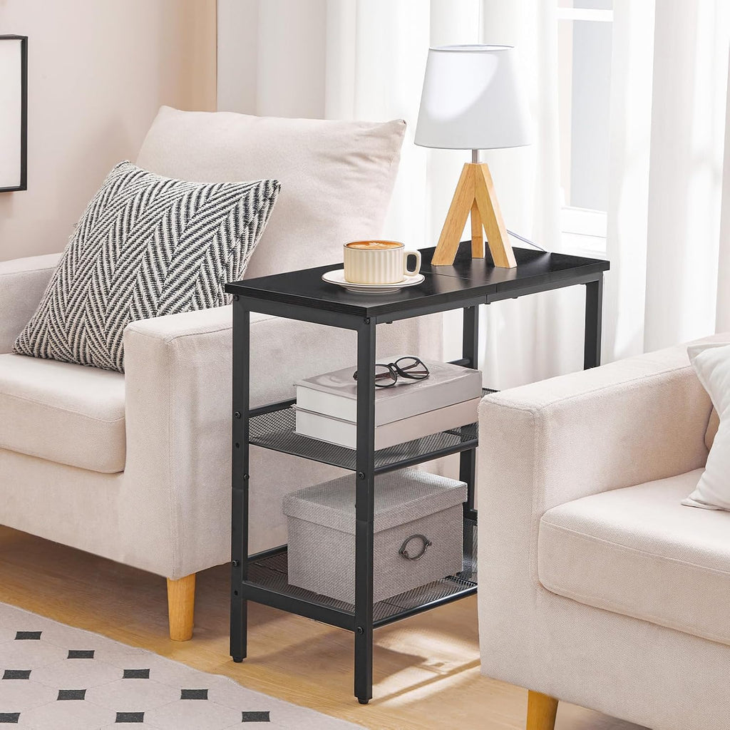 HOOBRO Black Side Table, 3-Tier Metal Side Table, Small Black Table with 2 Flat or Slant Adjustable Shelves for Small Spaces, Hallway, Living Room, Bedroom, Sturdy, Easy Assembly, Black BB23BZ01G1