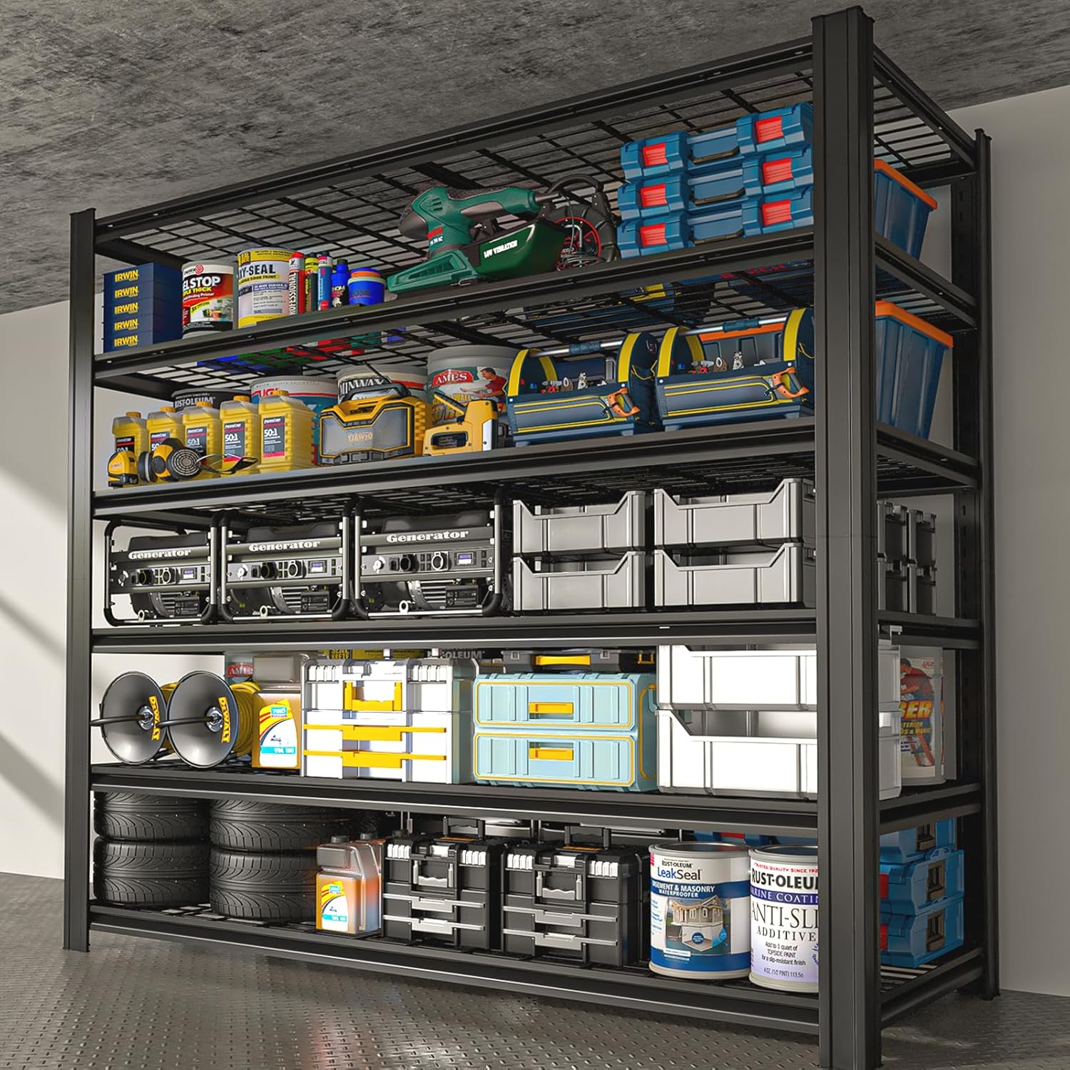 6 Tier Metal Shelving Unit, Adjustable Storage Shelves, 84" H x 55" W x 24" D Heavy Duty Garage Shelves for Warehouse, Basement, Kitchen, Pantry, Living Room, Black (6T 84 * 55 * 24)