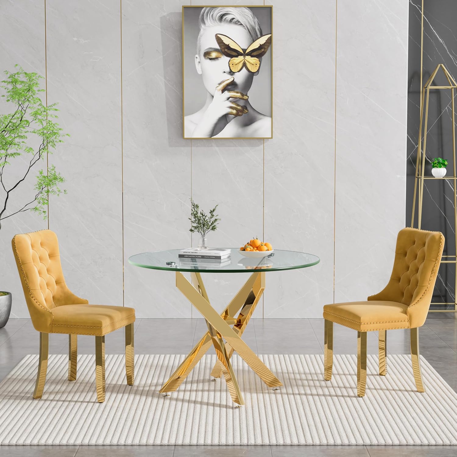 Round Glass Dining Table Set for 2, Small Kitchen Table Set for 2, 35" Round Glass Table & Gold Upholstered Velvet Chairs Set of 2, 3 Piece Round Dining Room Table Set for Breakfast Dinette Cafe