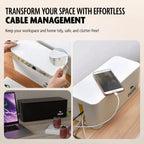 DMoose Cable Management Box - 2 Pack Medium & Large Cord Organizer for Desk & Floor, Cable Organizer Box for Child & Pet - Cable Box Hider for Tidy Office & Home (Wood Print Lid, White Box, Pack of 2)