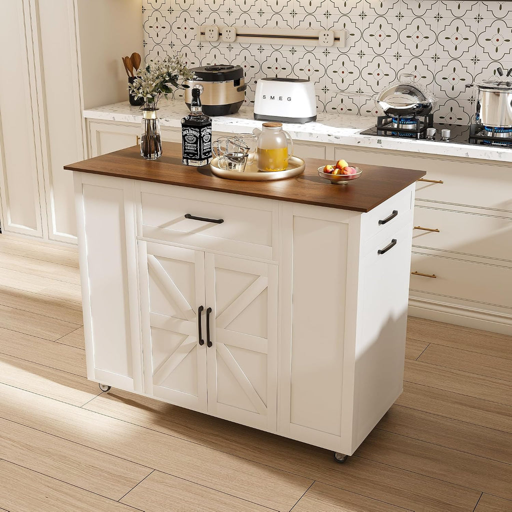 46" Kitchen Island with Power Outlet, Kitchen Storage Island with Drawer, Rolling Cart on Wheels, Wood Top with Adjustable Shelf and Trash Storage Cabinet, for Home, Dining Room (White, 46")