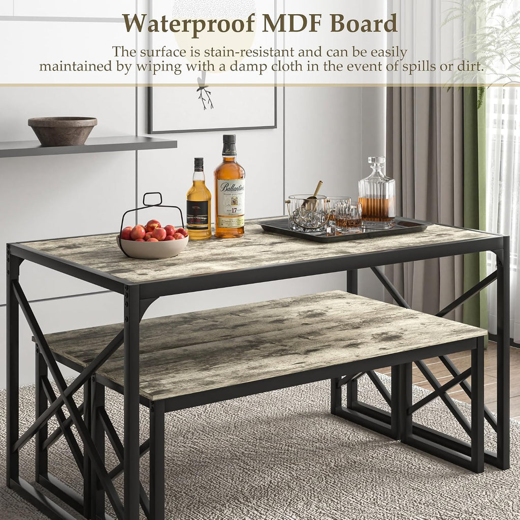 VECELO Kitchen Dining Table Benches Set for 4/6, 55" Wooden Dinette with 2 Benches, Large Embedded Desktop for Small Space, Breakfast Nook, Grey