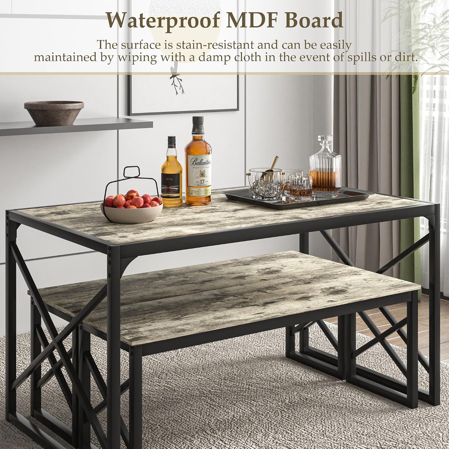 VECELO Kitchen Dining Table Benches Set for 4/6, 55" Wooden Dinette with 2 Benches, Large Embedded Desktop for Small Space, Breakfast Nook, Grey