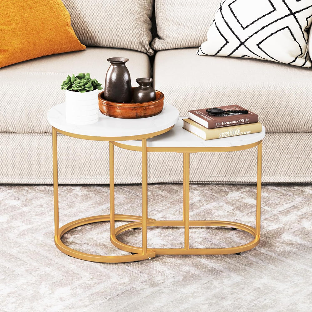 LDAILY Nesting Coffee Table Set with Marble-Look Top, 2-Piece | Golden Steel ...