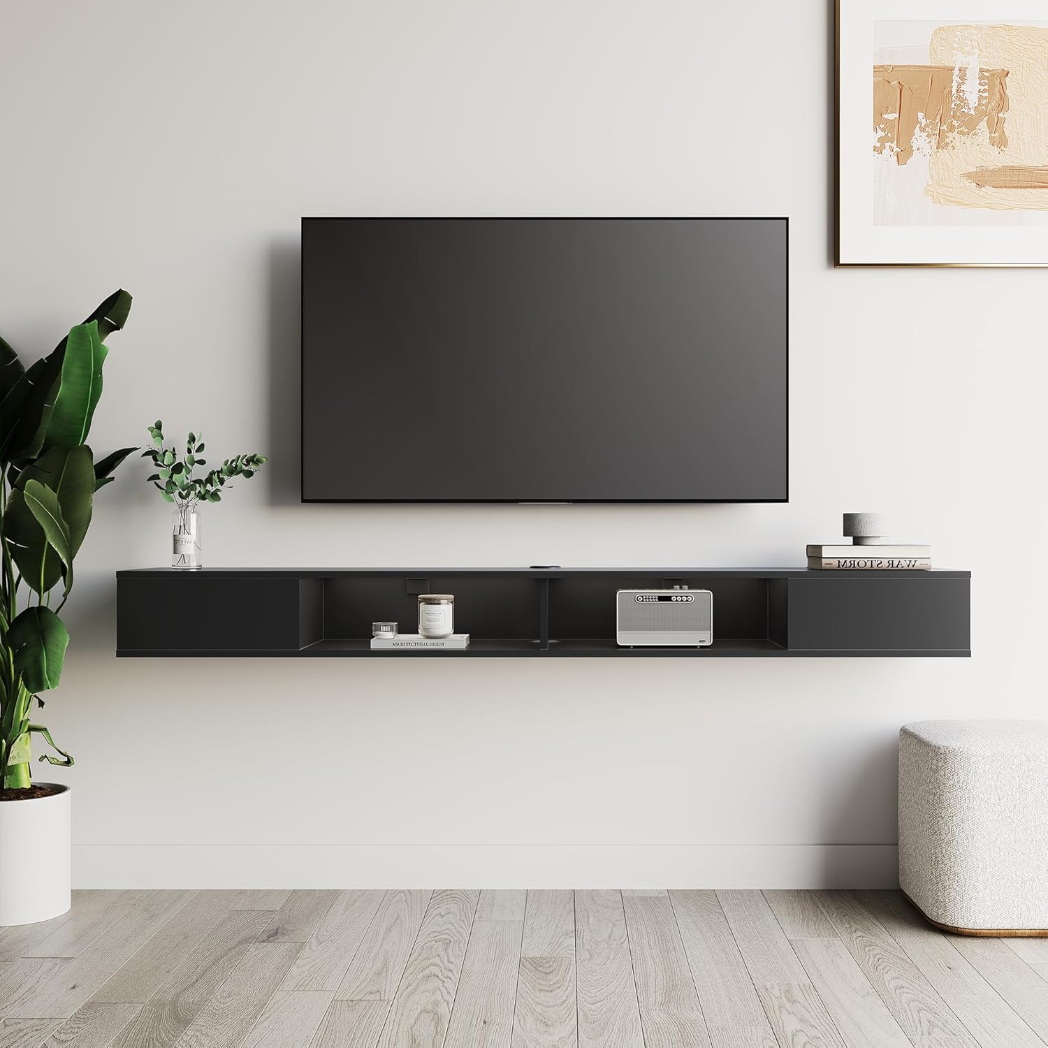 WAMPAT 70 inch Floating Entertainment Center, Black | For TVs Up to 75 inch, Open shelf Storage, Wall Shelf Under TV, Media Console, Living Room