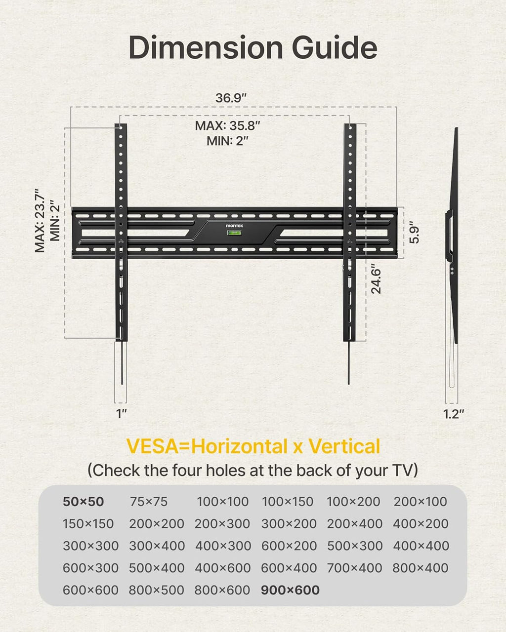 monTEK Heavy Duty Fixed TV Wall Mount for 50-100 Inch Large TVs up to 200 lbs, 4X Safety Tested, TV Mount Bracket for Home Theater & Commercial Use, Fits 16"/18"/24" Wood Studs, Max VESA 900x600mm