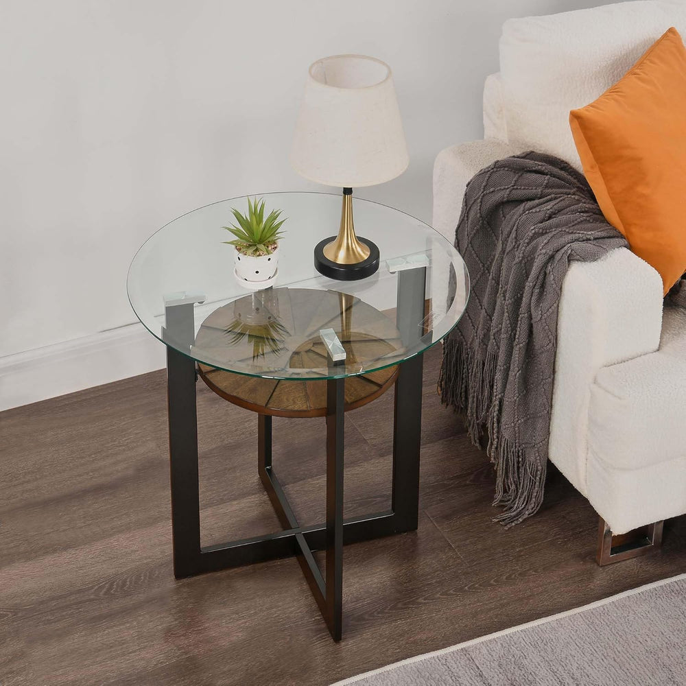 2-Tier Round End Side Table with 8mm Tempered Glass Top, Sofa Bedside Table w...