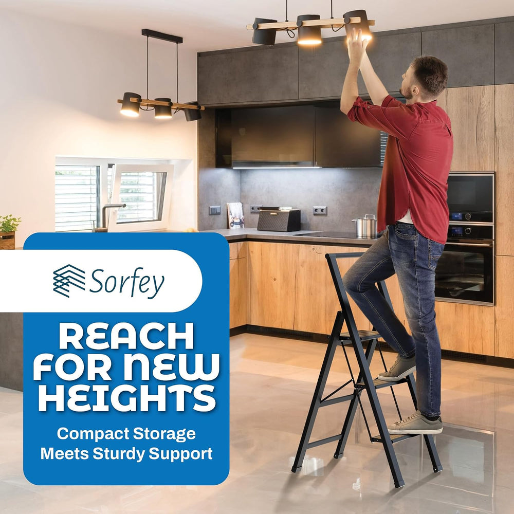 Step Ladder 3 Step Folding, Decorative - Beautiful Bamboo & Black Aluminu...